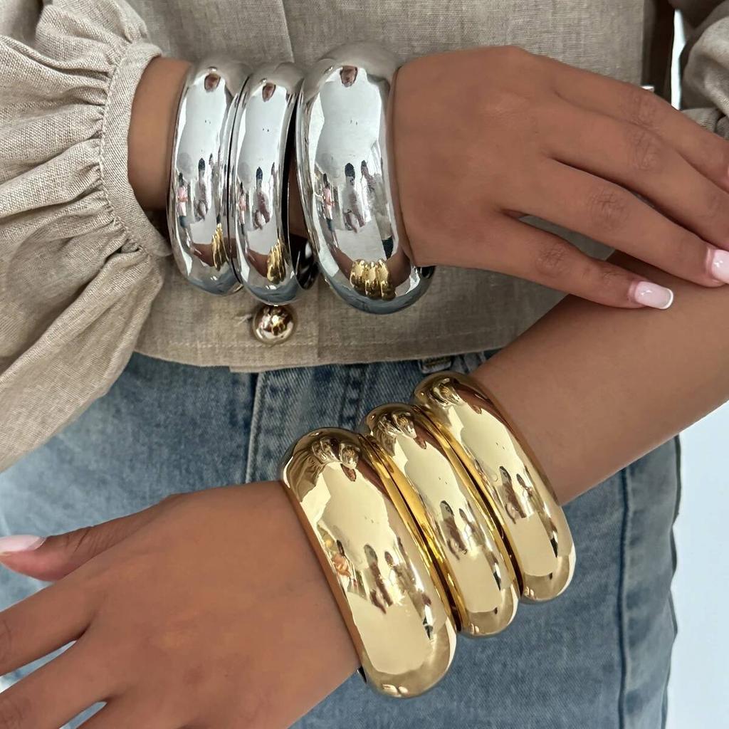 SHIXIN Trendy Smooth Chunky Metal Big Circle Bangles Set for Women Hip-hop Glossy Gold Color Wide Bracelet Simple Hand Jewelry