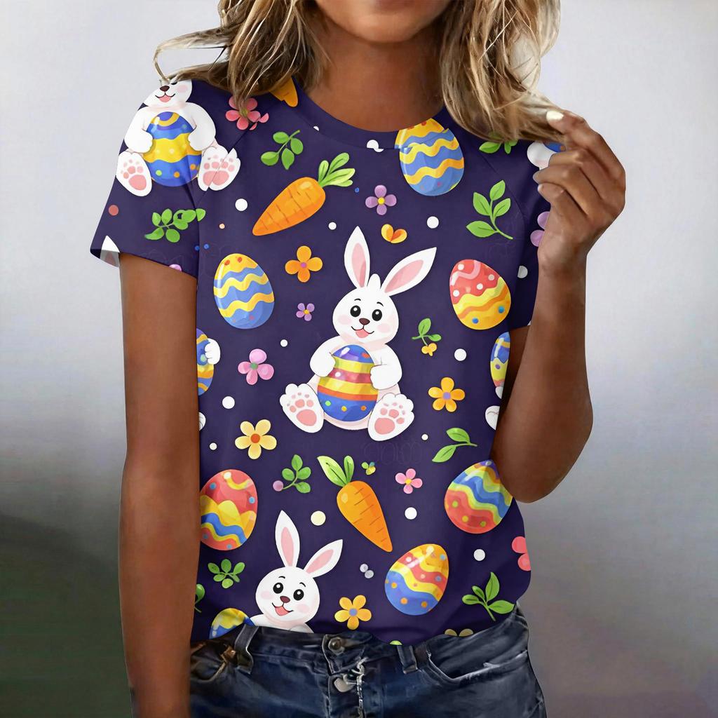 Women's Fashionable Casual Short-Sleeved Raglan Sleeve Easter Print T-Shirt Top