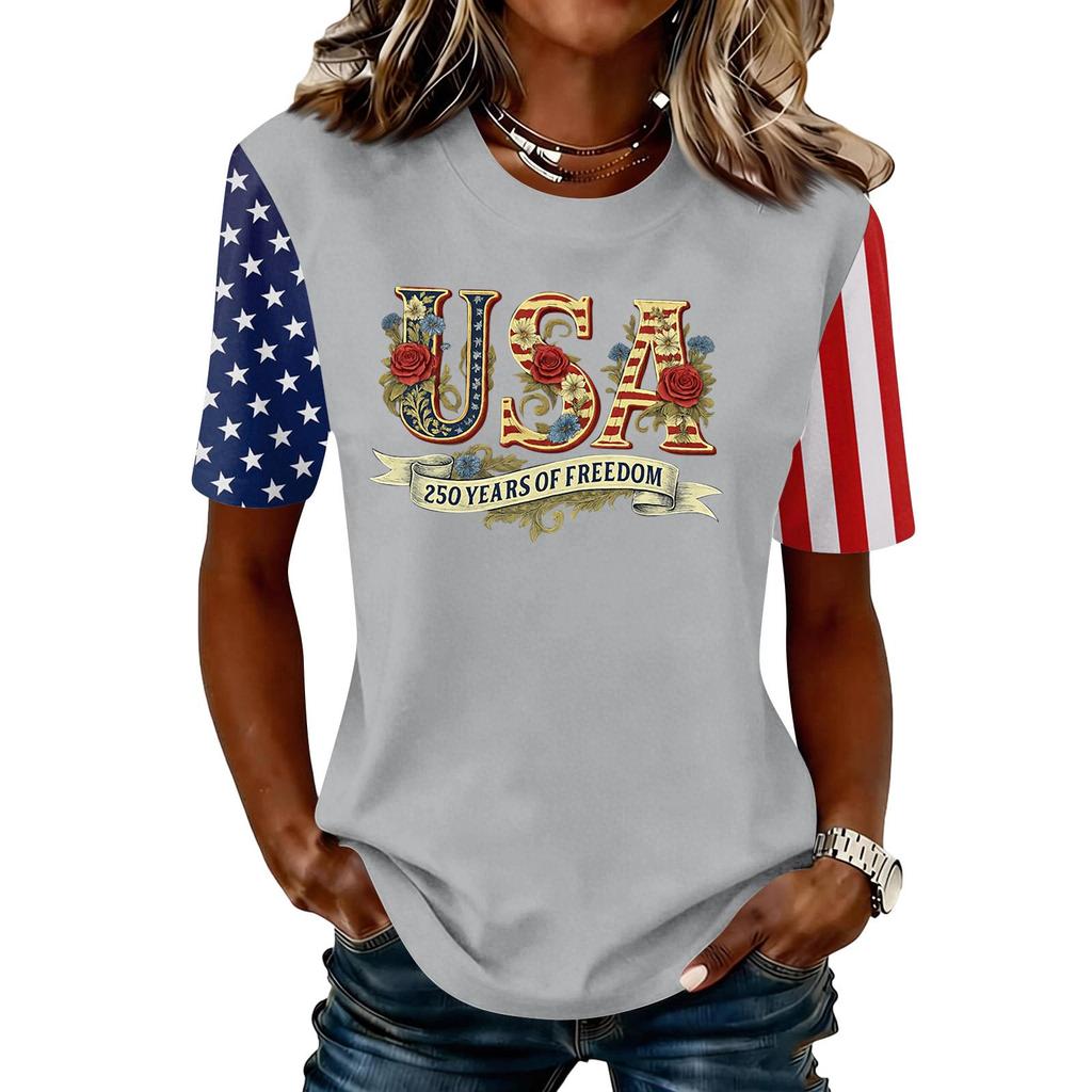 Women's Fashionable Casual Short Sleeve Print Round Neck Pullover Top
