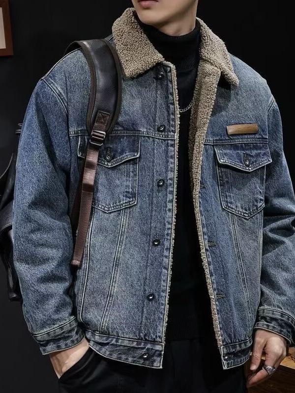 Herr Retro Denim Kragjacka - Casual Lös Passform Arbetskläder Rock