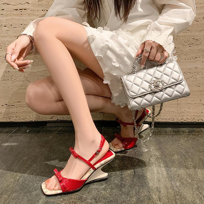Fashion Pitched Heel, Niche Design, Open-Toe Sandals, Fairy Shoes, 2025 New Style Square Toe, Thin Strap, Bow Roman Shoesls Row