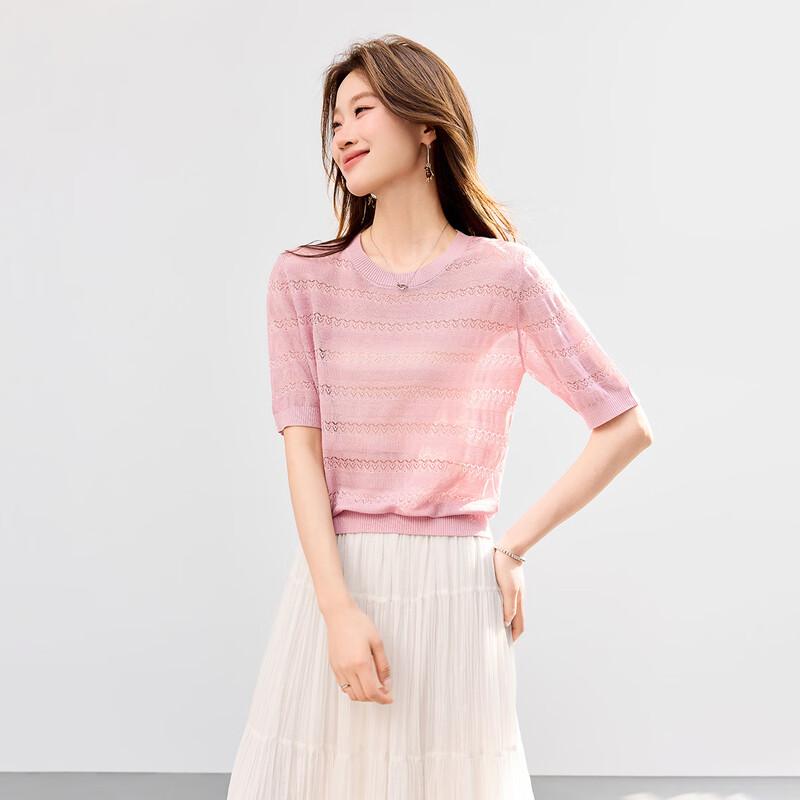 Srcr Women's Silk Blend Hollow-Out Knit Short Sleeve Top