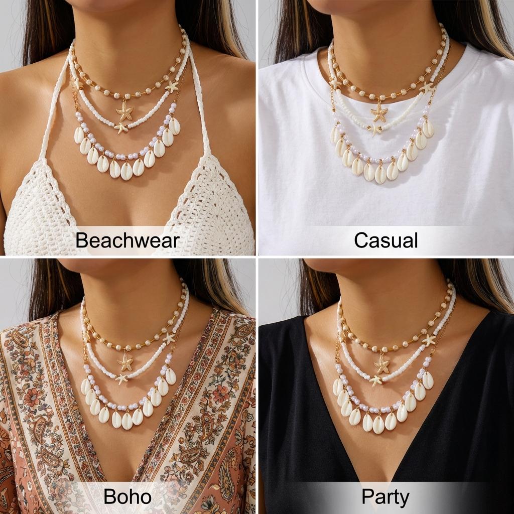 Bohemian Multilayer Starfish Shell Pendant Necklace for Women Handmade Imitation Pearl Beaded Choker Beach Party Charm Jewelry