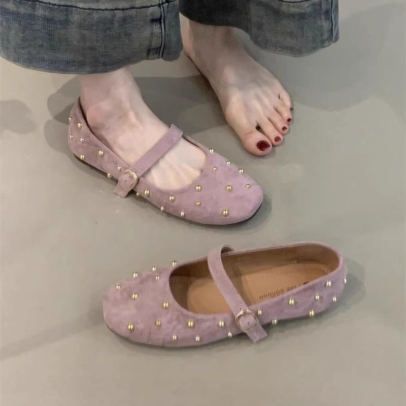 Fashion Mary Jane Shoes for Women Rivet Suede Classic Retro Brown Casual Soft Bottom Comfortable Ladies Flats Rhinestone Luxury Flats