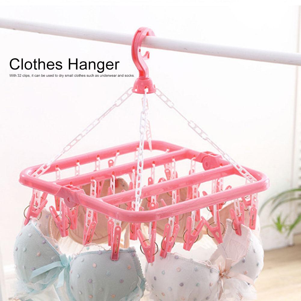 Household 32 Clips Folding Clothes Hanger Dryer Socks Underwear Drying Rack (Pink)