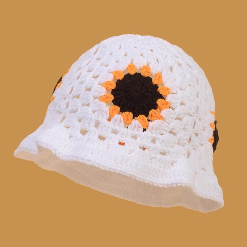 Elegant Bucket Hat Floral Granny-square Crochet Hat Holiday Decors Vacation Hat Western Cloch Style for Schoolgirls