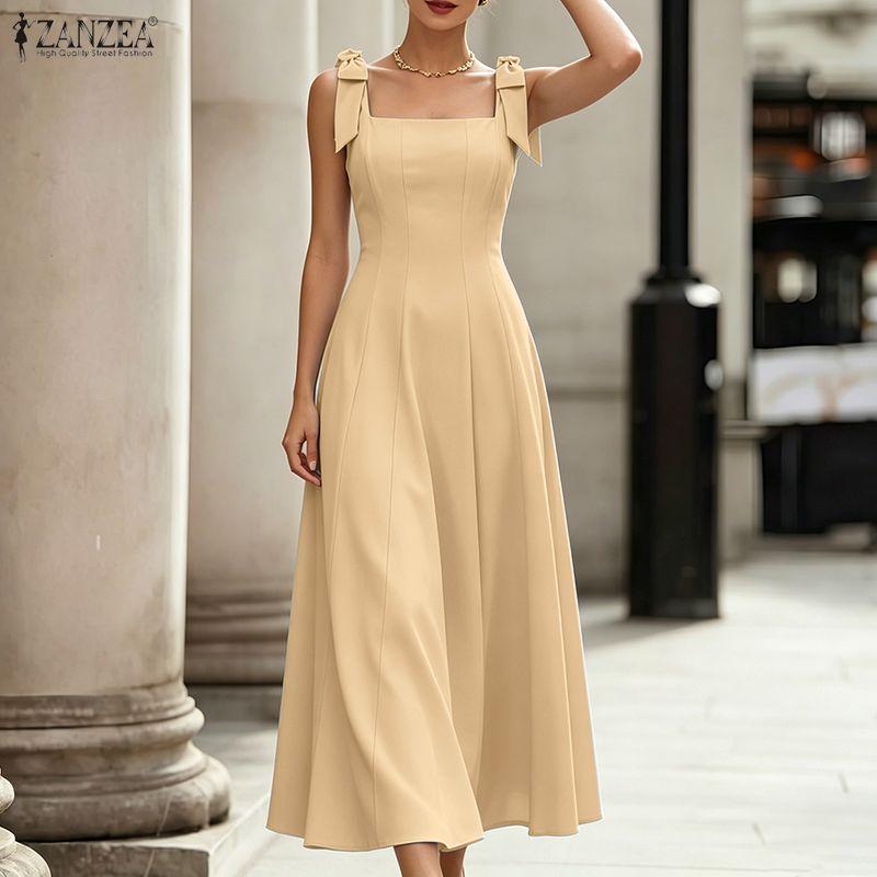 ZANZEA Women Elegant Square Collar Casual Summer Sleeveless Long Dress S хаки