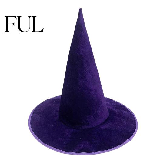 Holiday Festive Headgear Velvet Witch Hat for Halloween Costume, Pointed Wizard Cap with Wide Stage Performance Brim, Dark Fantasy Festival Headwear,