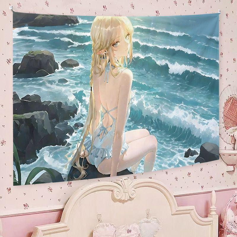 Cute Anime Maiden Makaron Aesthetic Tapestry Soft Cartoon Wall Hanging Bedroom Dorm Home Decor