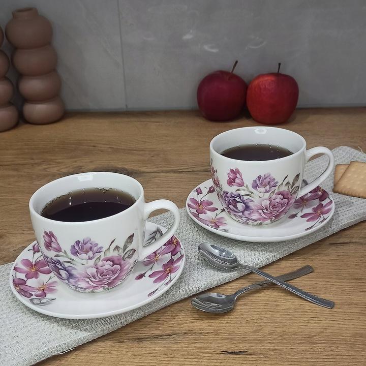 Livello Komplet 2 Filiżanek Porcelanowych Ze Spodkiem 250 Ml / 14 Cm Kwiaty