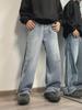 Men's Retro Wide-Leg Hiphop Jeans with Three-Bar Design