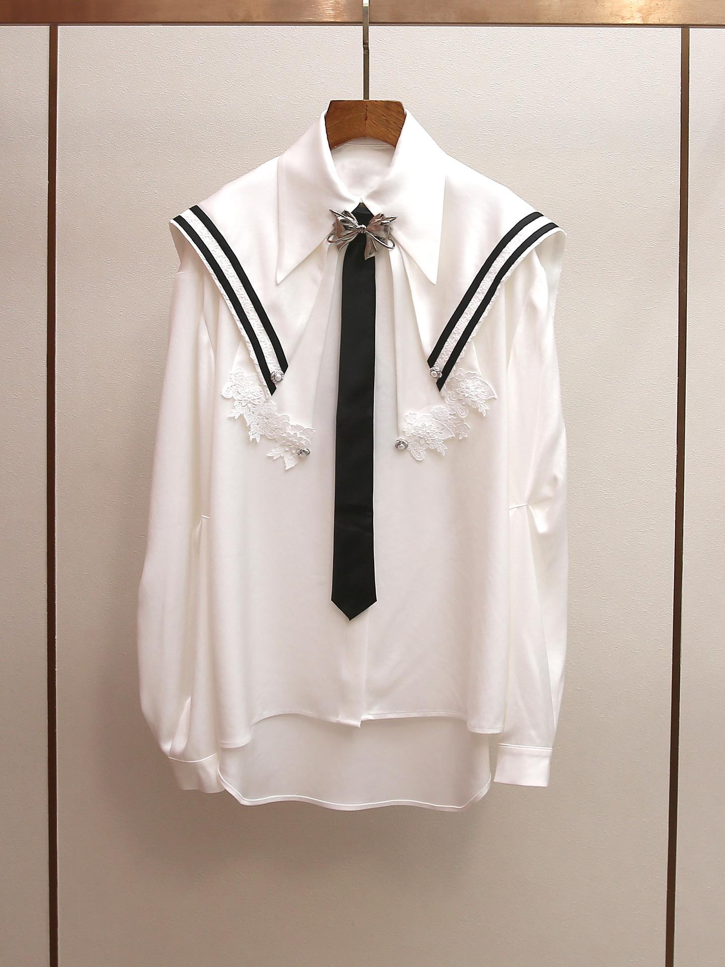 Spring Korean-Style Lace Patchwork Sailor Collar Shirt Small белый