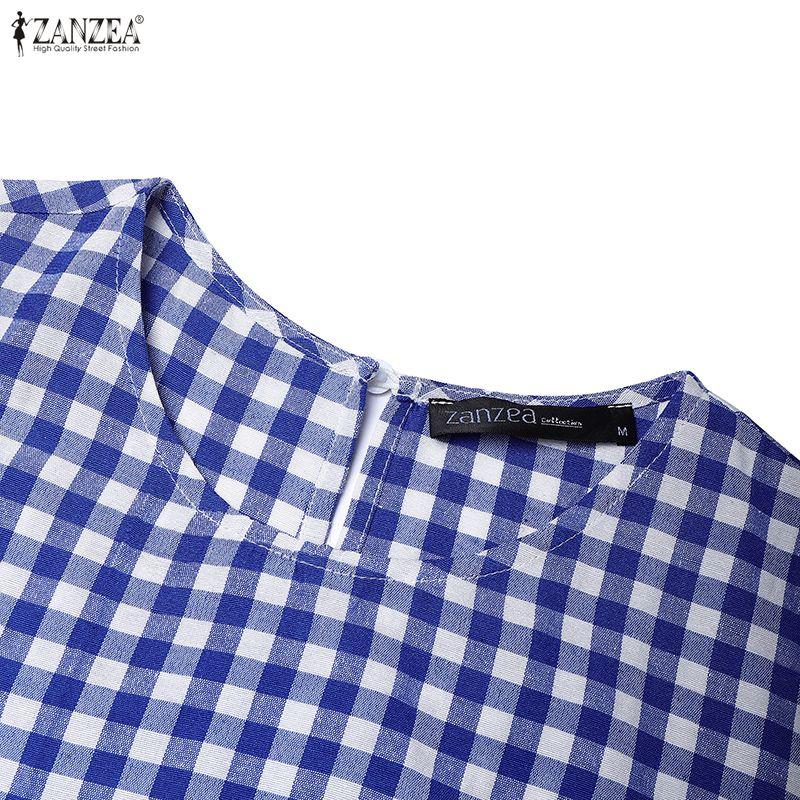 ZANZEA Damen Lässiges Rundhals-Kurzarmkleid mit Karomuster