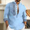 Frühling Bestseller Herren Ethnischer Stil Geometrischer Druck Stehkragen Leinen Langarmhemd