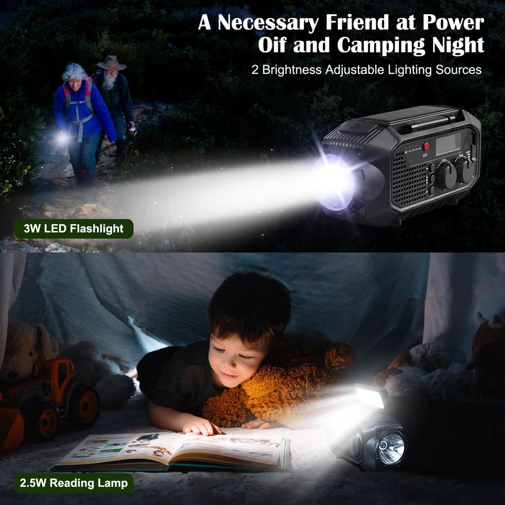 Solar-Powered Emergency Radio with Flashlight and Hand-Crank Generator