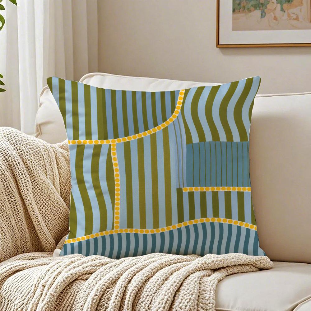 Khaki Turquoise Block Print Pillow Case Double-Sided Plush Sofa Cushion Covers Organic Breathable Invisible Zipper