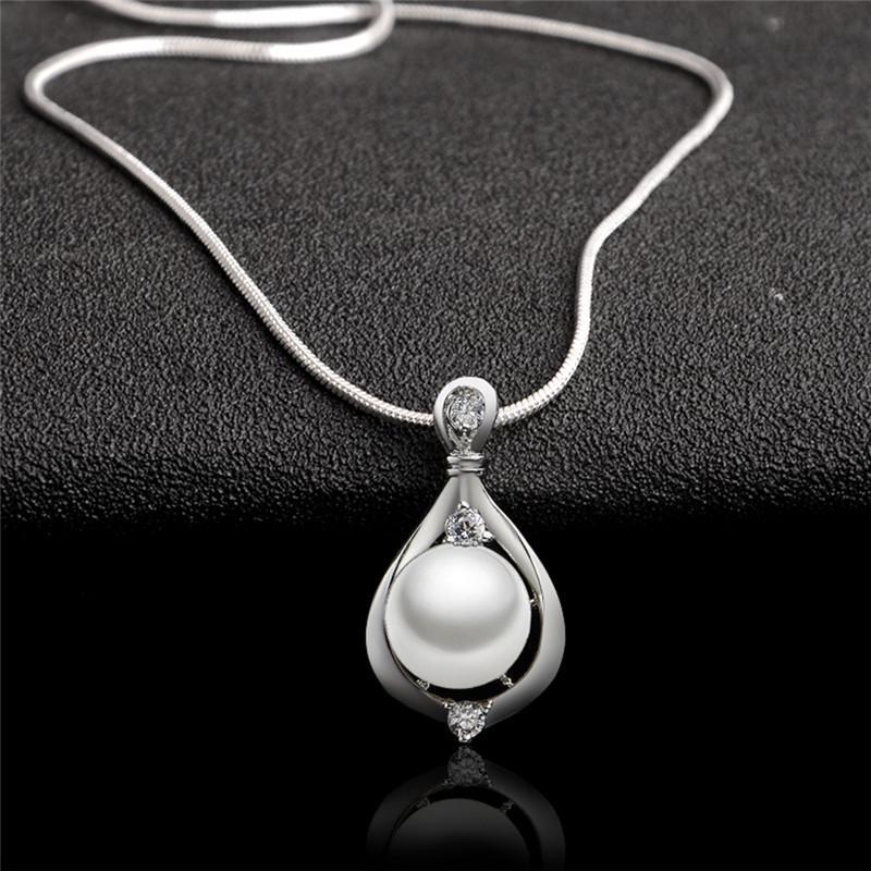 Fashion Jewelry Silver Plated Crystal Pearl Pendant Necklace Chain Women Gift