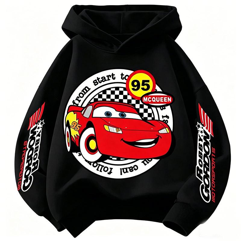 Fashion Children Hoodie, Cartoon Racing Car With Checkered Flag Print Pullover Sweatshirt, Fall Winter Sport Long Sleeve Top For Kids Everyday Wearing