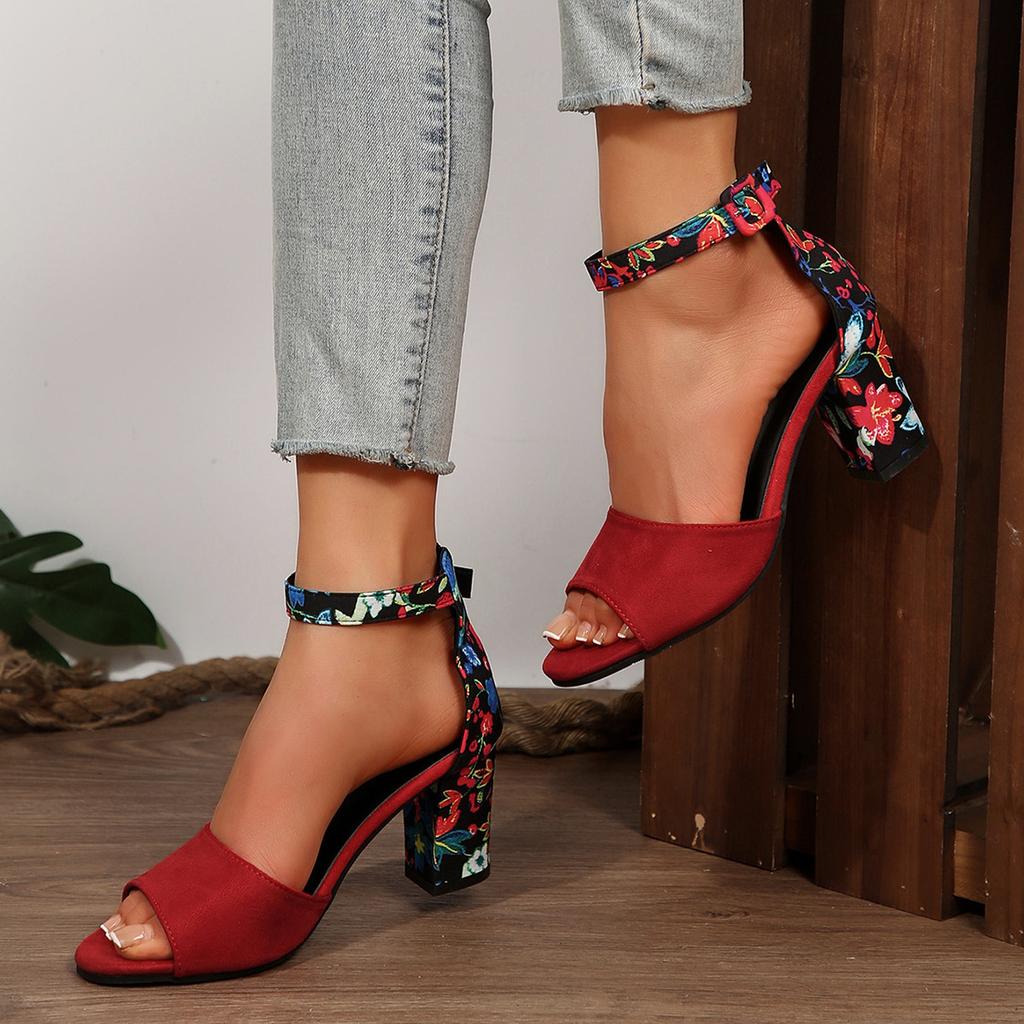 Women's Floral Print Open Toe Block High Heels Summer Party Weddings Womens Sandals