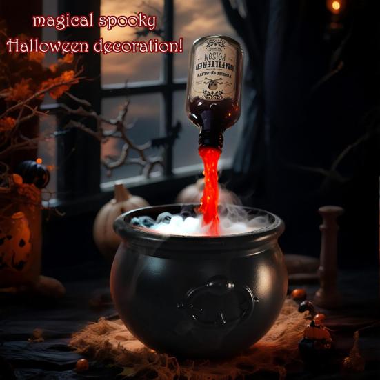 Kociołek Czarownicy na Halloween z Magiczną Lewitującą Butelką z Eliksirem i Wytwornicą Mgły DIY Lewitujący Eliksir Czarny Plastikowy Zestaw Mis na Halloweenową Dekorację Wewnętrzną