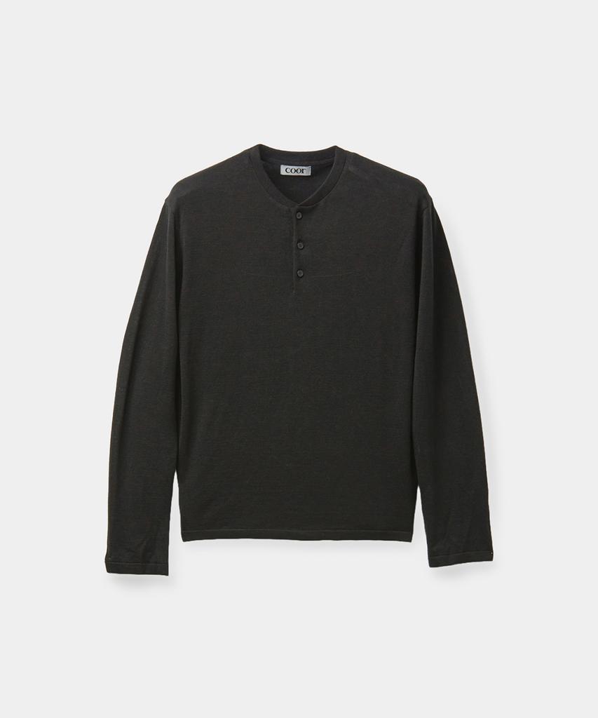 Kueo Linen Wool Blend Long Sleeve Henley (Black)