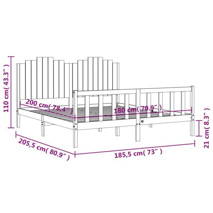 VidaXL Cadre de lit avec tête de lit 180x200 cm bois massif 3192311