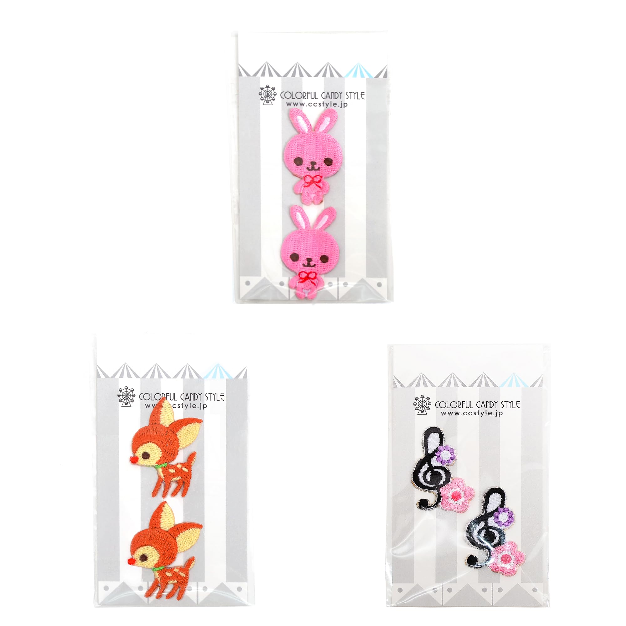 

COLORFUL CANDY STYLE Iron-On Embroidered Patches (Set of 3, 2 Patches with Different Designs) - Bunny, Bambi, and Treble Clef Set (B8006900-BTR)