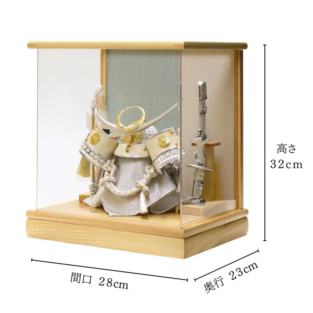 Mai-Festpuppen-Helm-Vitrine, Acrylvitrine, Kai (Ruder), Uesugi Silber, Zweifarbig Blau Rückseite, Natürlich, Breite 28cm x Tiefe 23cm x Höhe 32cm,
