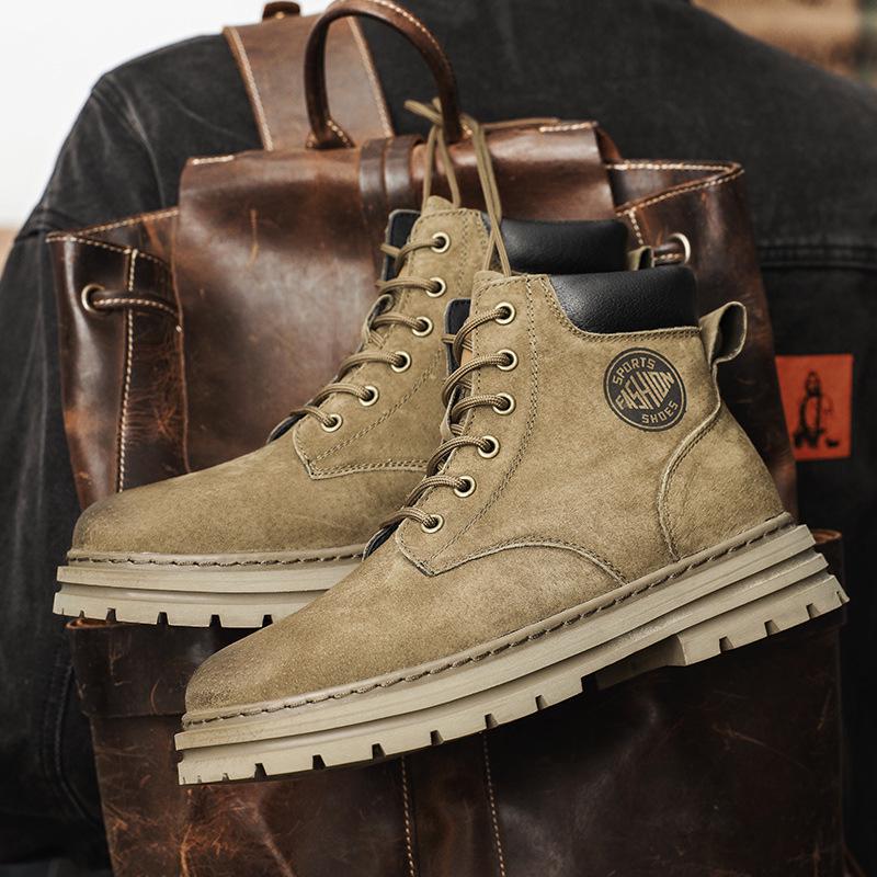 Yellow Leather Ins-Style High-Top Martin Boots for Men & Couples, Velvet-Lined, Perfect for Autumn and Winter.