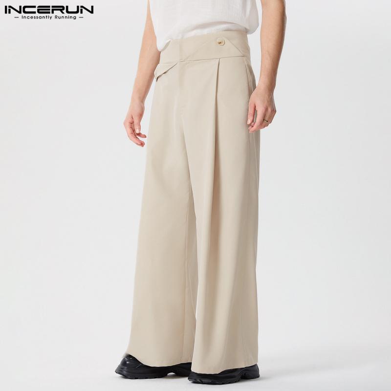 INCERUN Pantalon taille haute pour homme, couleur unie, fermeture éclair à  la taille, pantalon large à jambes