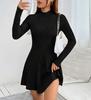 2025 Autumn/Winter Women's Slimming Ribbed Dress with Half-high Collar and Waist-cinching A-line Skirt, Long-sleeved European and American Style.