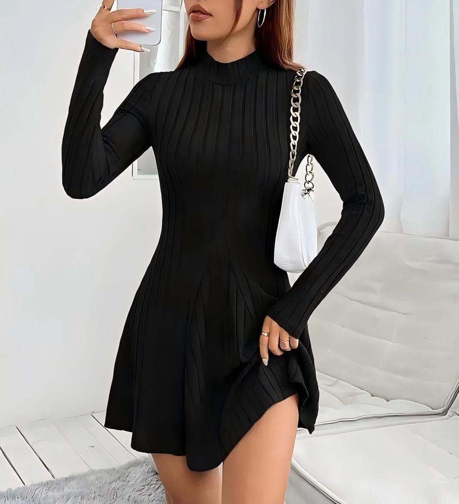 2025 Autumn/Winter Women's Slimming Ribbed Dress with Half-high Collar and Waist-cinching A-line Skirt, Long-sleeved European and American Style.