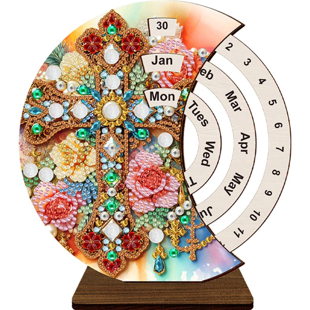 DIY Diamond Art Painting Kit Unique Wooden Rotating Calendar Manually Changing Date Calendar for Home and Office Decoration