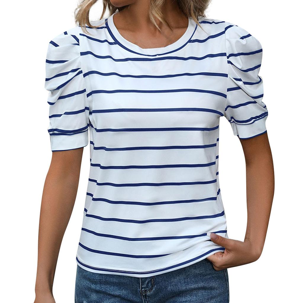 Women's Fashion Striped Leg Of Mutton Short Sleeve Casual T-Shirt