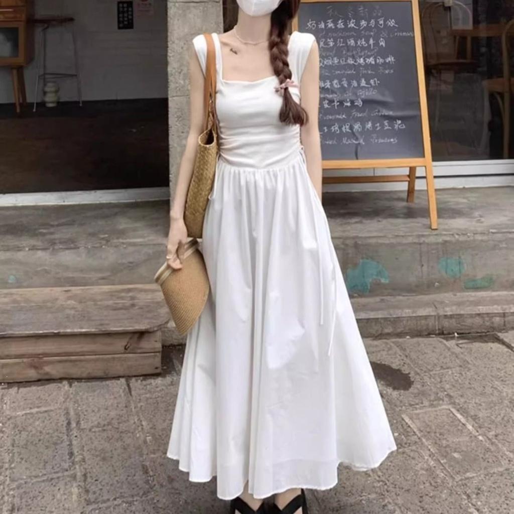 Summer Small Fresh Waist Thin Solid Color Dress French High-end Simple Drawstring Square Neck Dress