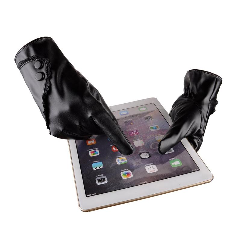 Winter Warmth Plus Velvet Short Thin Touch Screen Driving Women Leather Gloves