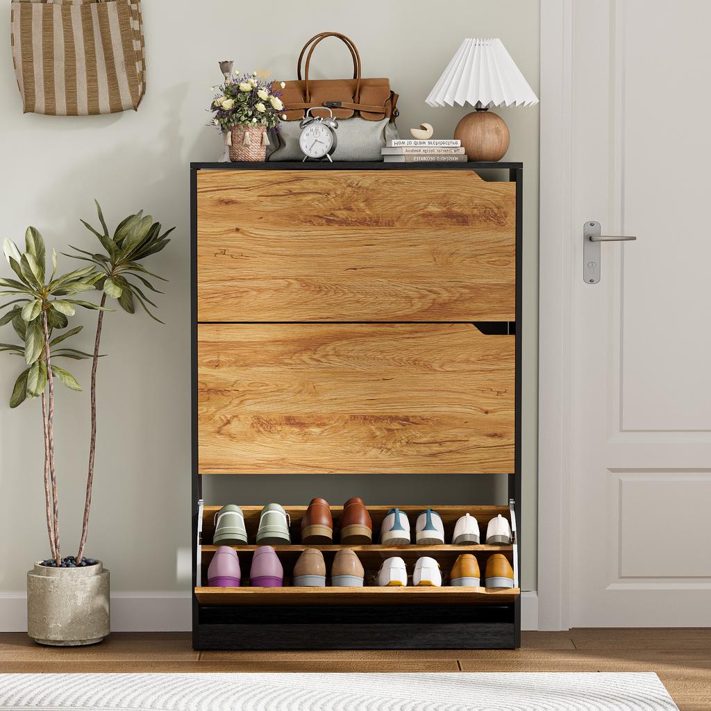Wooden Tilting Shoe Cabinet 3Tilting Compartments Slim Shoe Storage Organizer Without Handle 3Flip Shoe Rack Narrow Shoe Cabinet