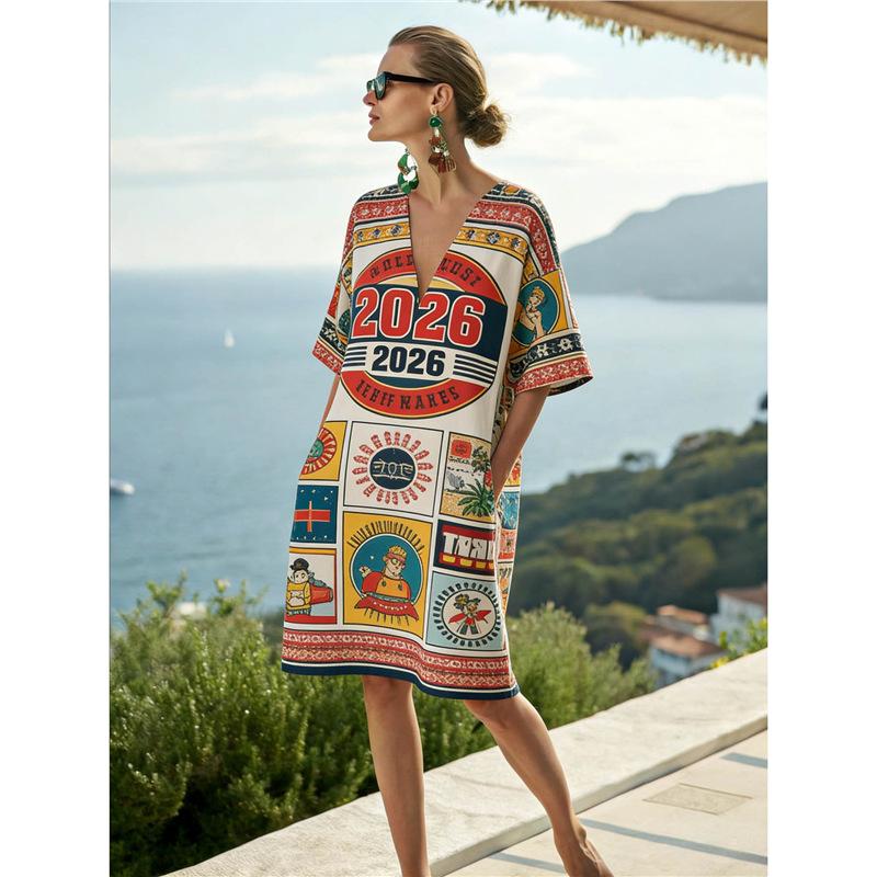 New independent station Europe and America Bohemian large size women s clothing casual loose 3D printed dress robe S
