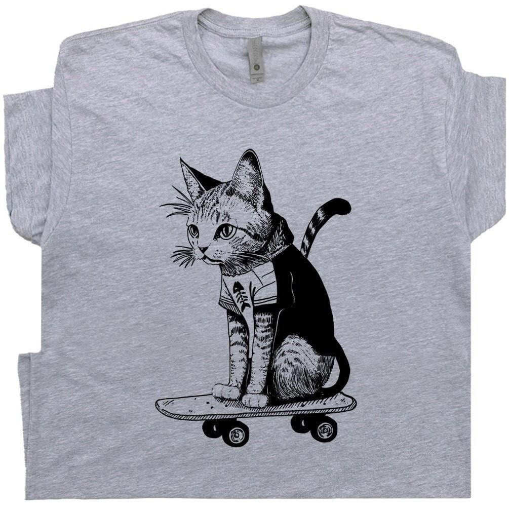 Skateboard Cat Shirt Cool Cat Shirts for Women Men Vintage Skateboarding Cat T Shirt Crazy Skate Punk Kitten Tee Cool Graphic T Shirt