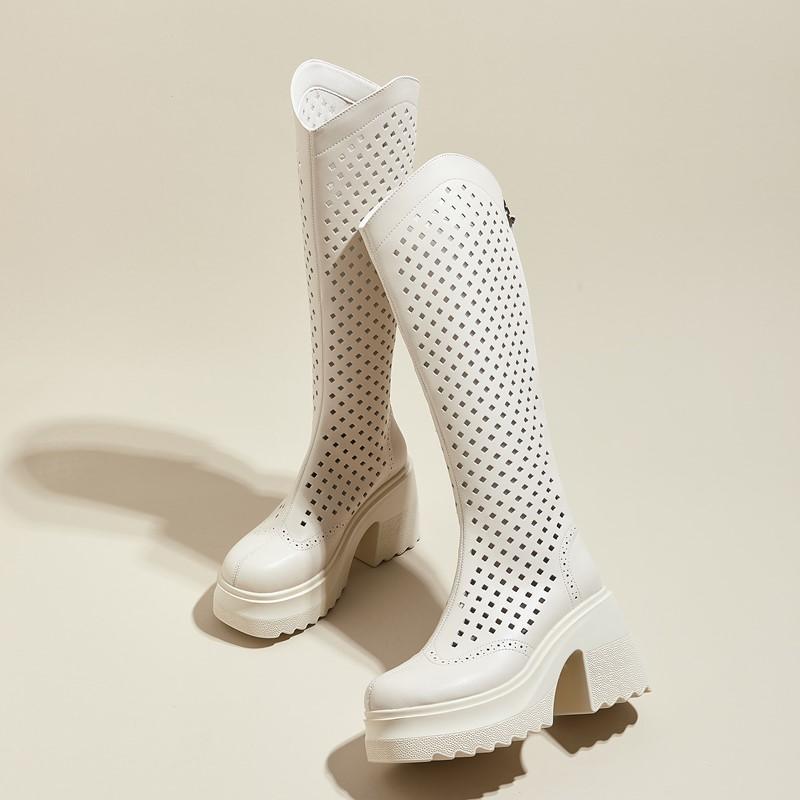 Fashion AIYUQI Mesh Boots Women 2025 New Genuine Leather High Heeled Boots Women Summer Platform Knight Boots Women