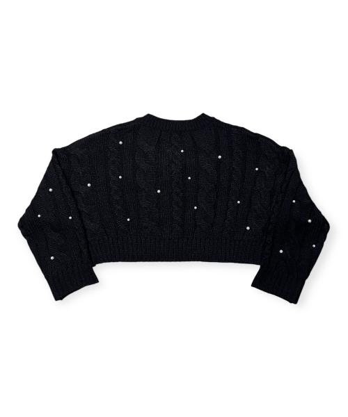 Bonseullipi Snow Pearl Stud Cable V-Neck Crop Knit (Black)