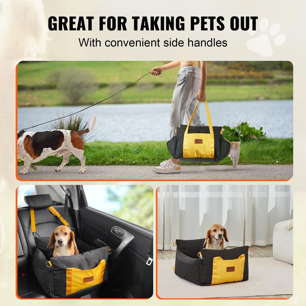 VEVOR Siège Auto pour Chien, Rehausseur Imperméable pour Chien avec Poignées Latérales et Poche de Rangement, Laisse de Sécurité à Clipser et Rembourrage en Coton PP
