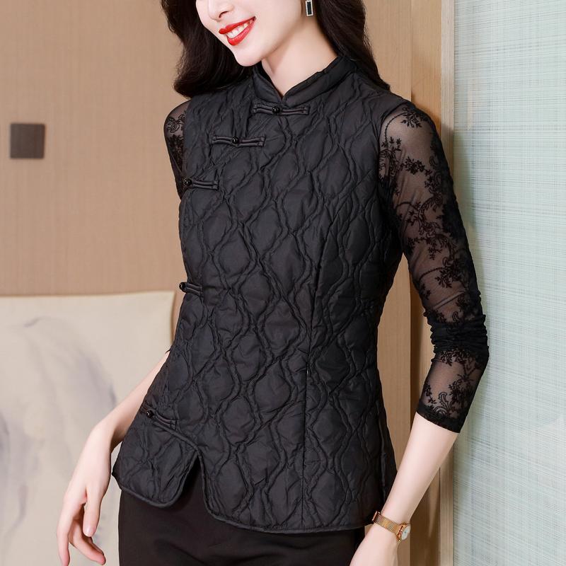 Fashion New 2024 Winter Chinese Style Black Sleeveless Vest Jacket Stand Collar Vests Down and Cotton Jacket Coat Women Tops J821