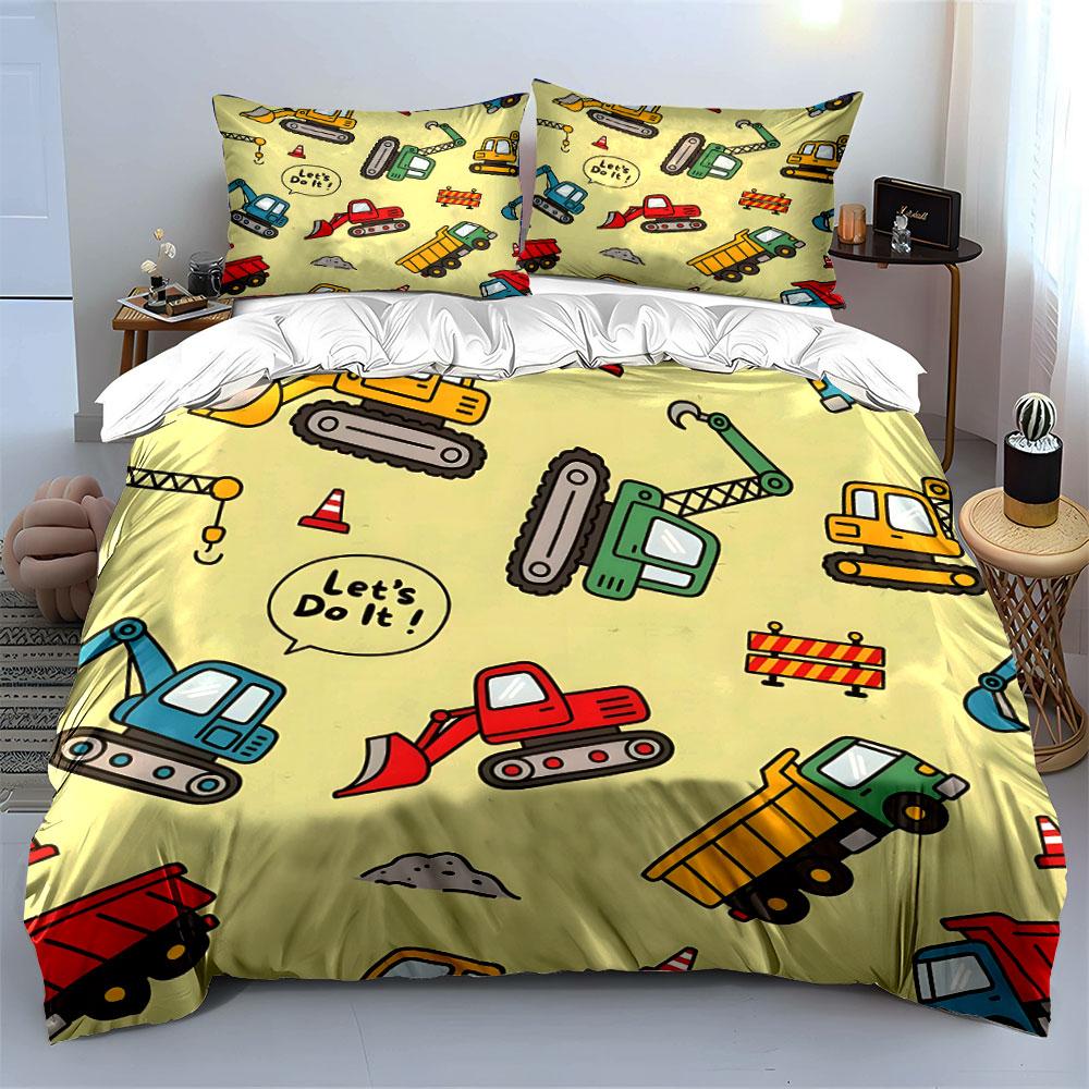 Construction Vehicles and Barriers Pattern Print Bedding Set 1 Duvet Cover 2 Pillowcases for Adult and Children Luxury Gift