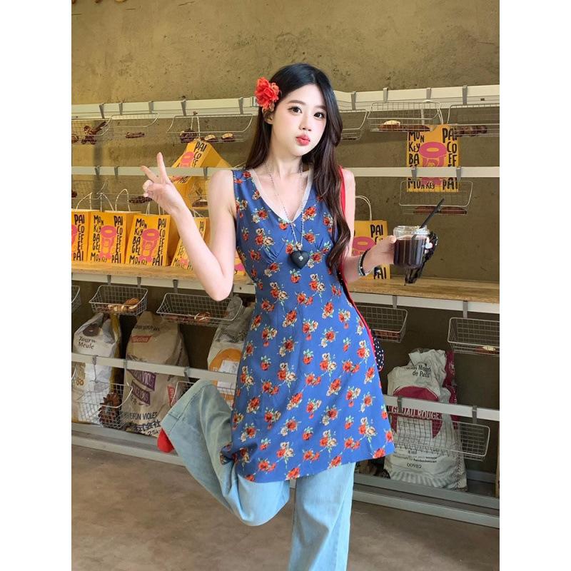 French blue sleeveless floral vest dress children s summer 2026 new seaside vacation style temperament skirt S