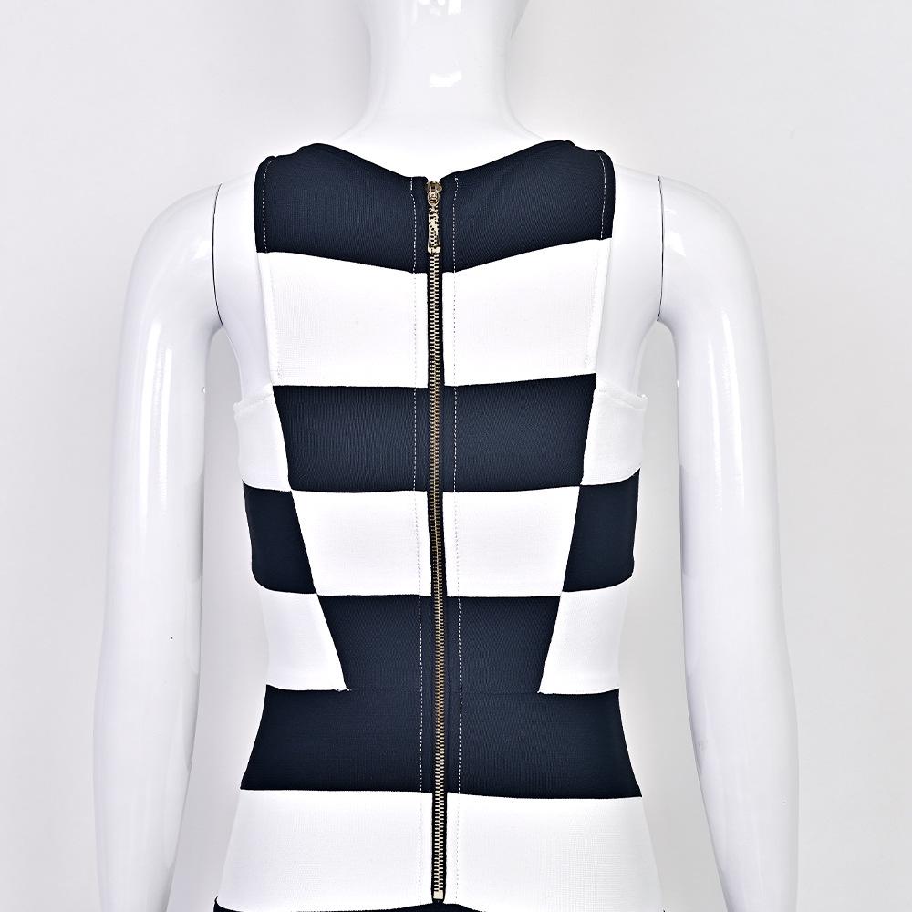 Chic Black and White Geometric Striped Mini Bandage Dress - Waist-Cinching, Hip-Hugging for Dates, Parties, and Fashion Shows.