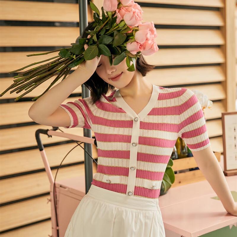 

Женский полосатый легкий вязаный кардиган с коротким рукавом и круглым вырезом 2XL