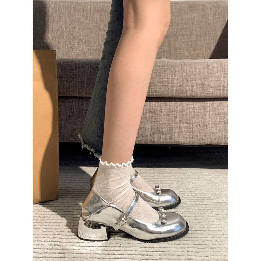 French thick heel Mary Jane shoes women's 2025 new summer light mouth gentle and sweet Korean version silver round head single shoes