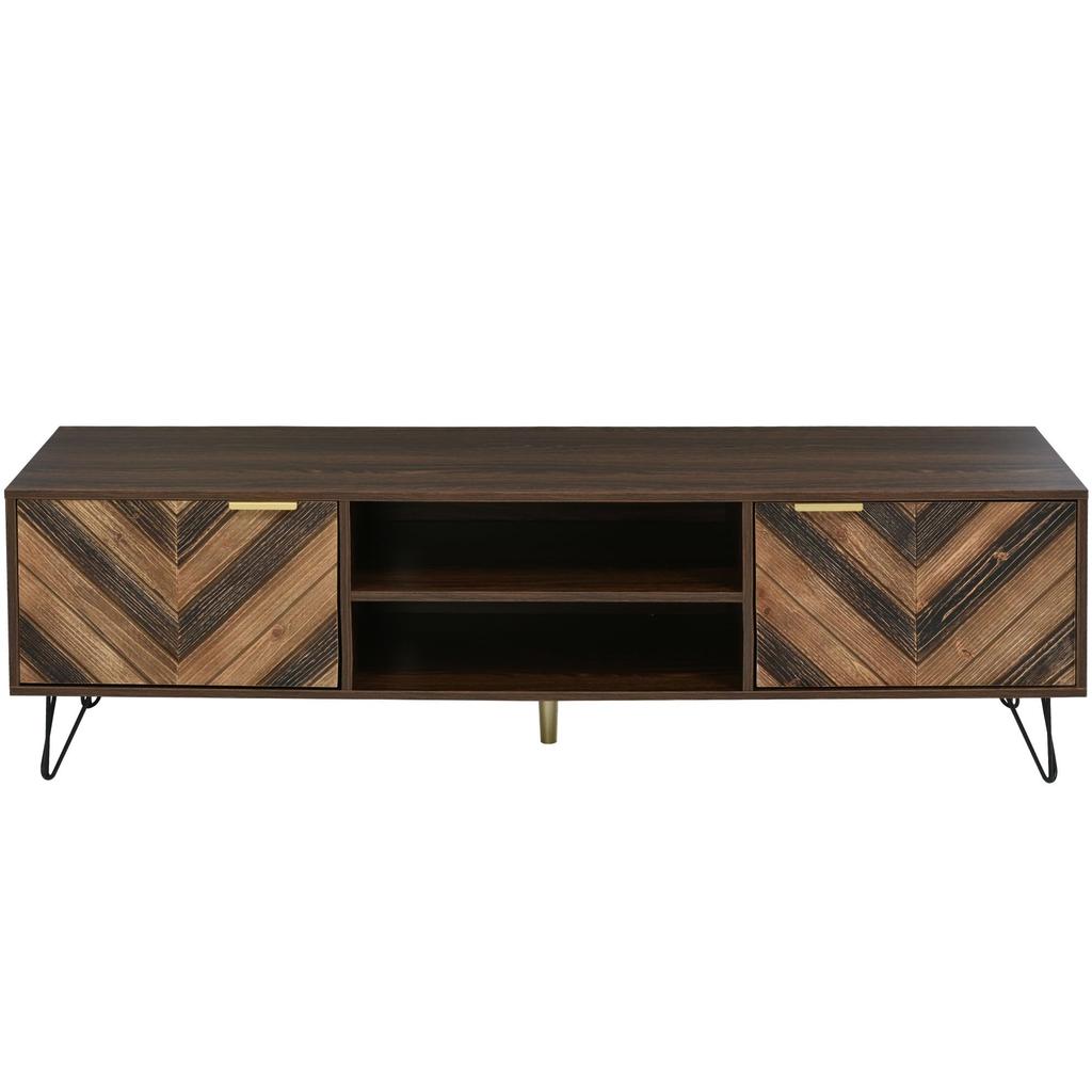 TV-Schrank, Lowboard mit 2 Türen aus Massivholzfurnier, goldene Griffe, Eisenfüße, 2 Fächer, Stauraum für TV & Zubehör, elegante Holzmaserung