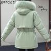BITCED Women's Mid-Length Drawstring Cotton Coat with Fleece Lining Loose-Fit Puffer Jacket with Down-Fill Cotton Padding Winter Outerwear